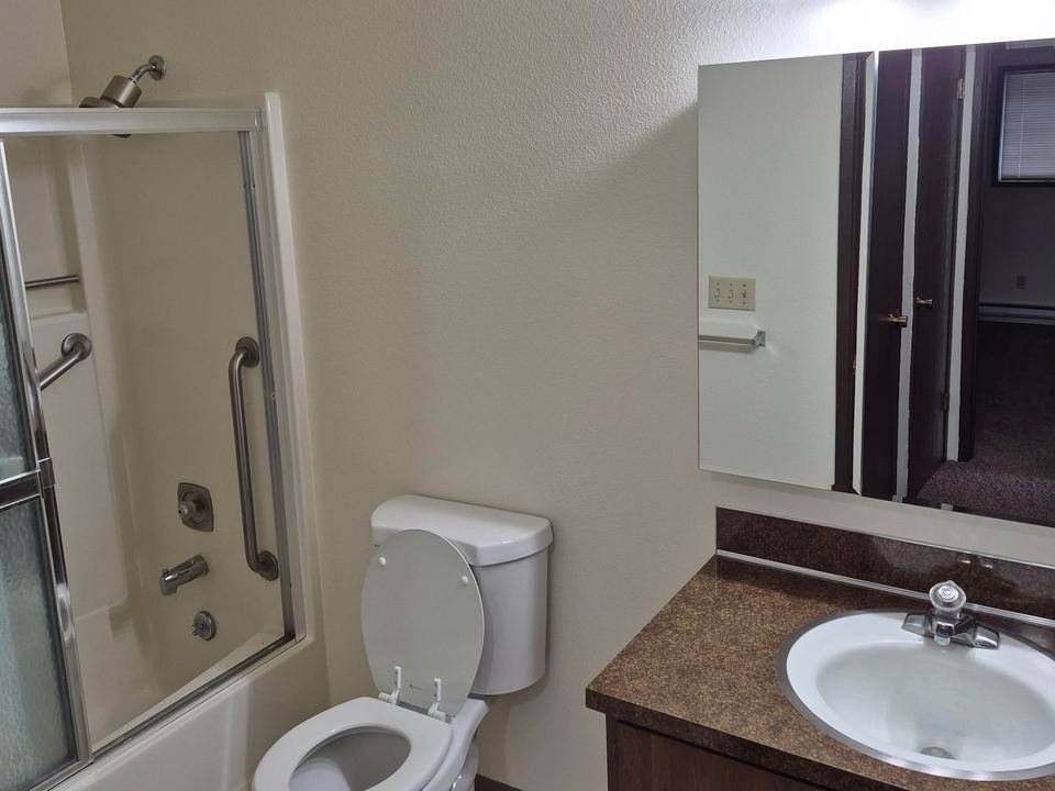 Bathroom with tub, shower door, grab bars and vanity
