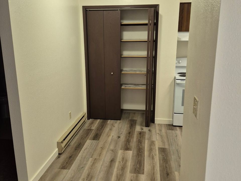 Hallway with a pantry closet and plank flooring