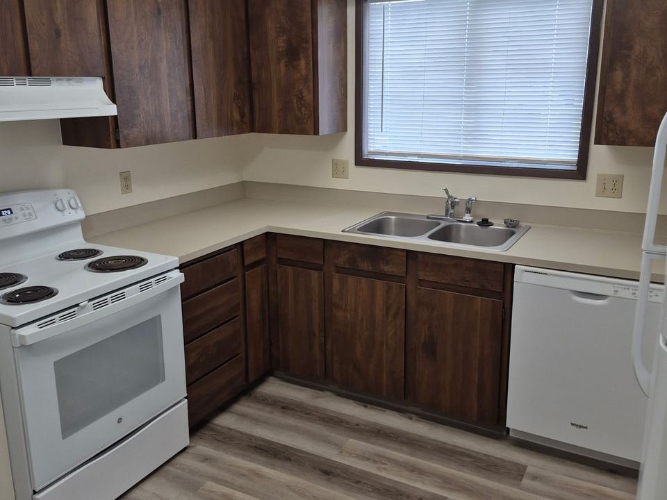 Kitchen with dark wood cabinets, range and dishwasher