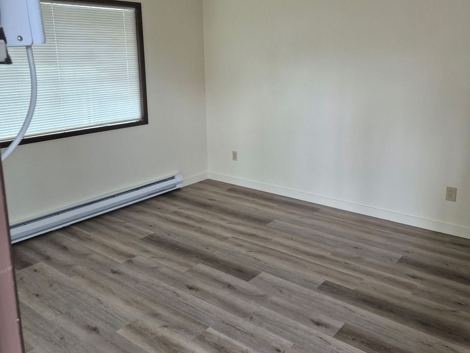 Living room with plank flooring and a window