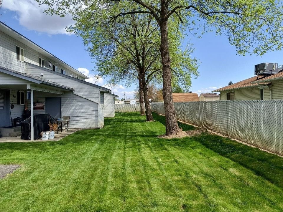 Fenced back lawn with shade trees